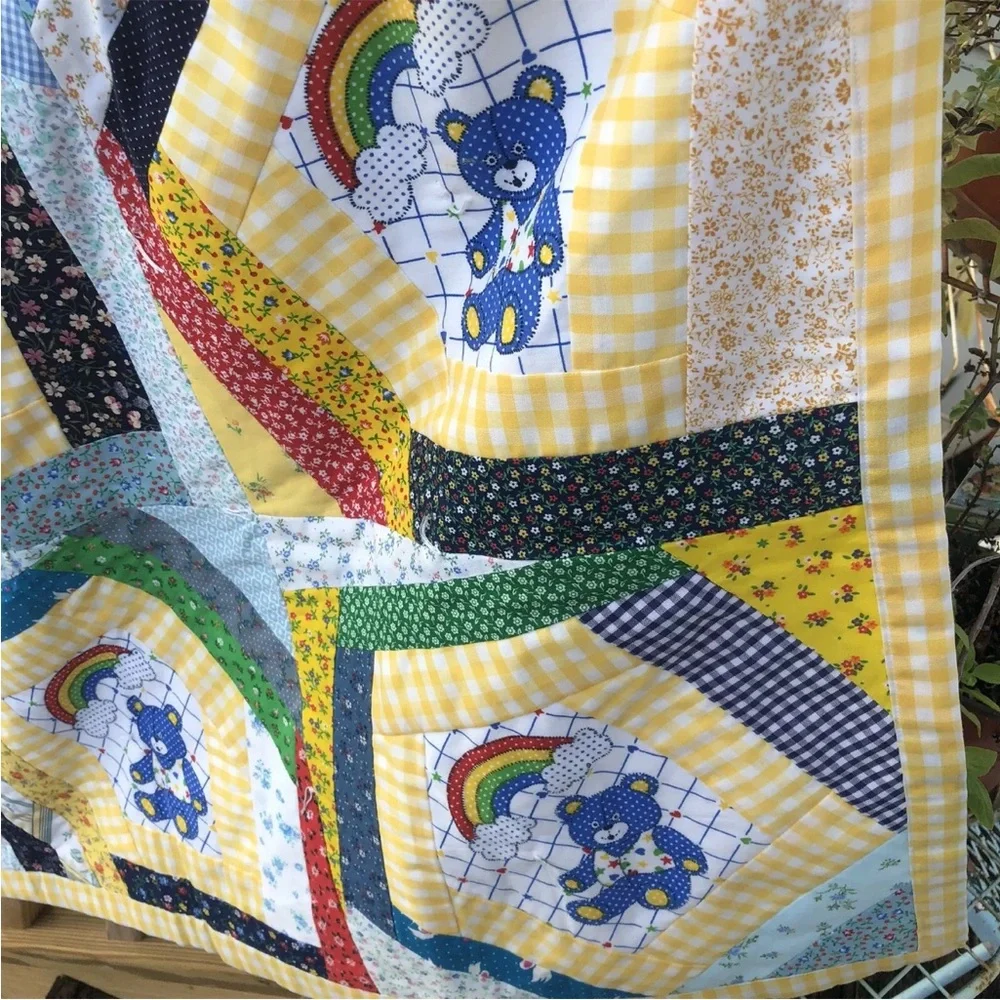 Baby Quilt Throw Teddy Bear Rainbow Floral Patchwork Gingham Plaid Vintage
